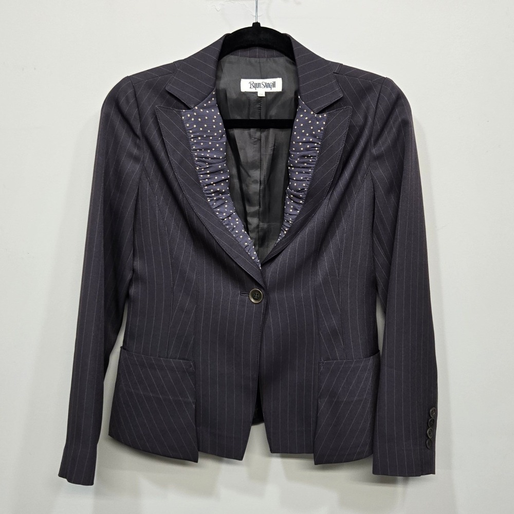 Pinstripe Blazer Women Medium Gray Polka Dot Mod Retro Rockabilly‎ Dark Academia